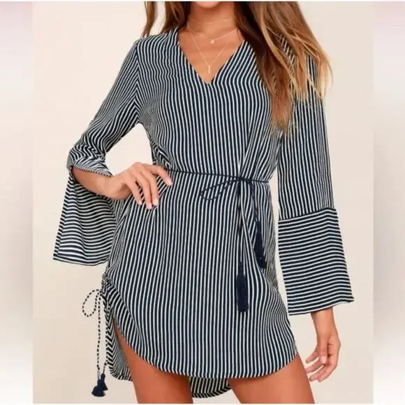 FAITHFULL THE BRAND Neroli Navy Blue Striped Long Sleeve Dress Tassel {TT35} - Picture 2 of 7